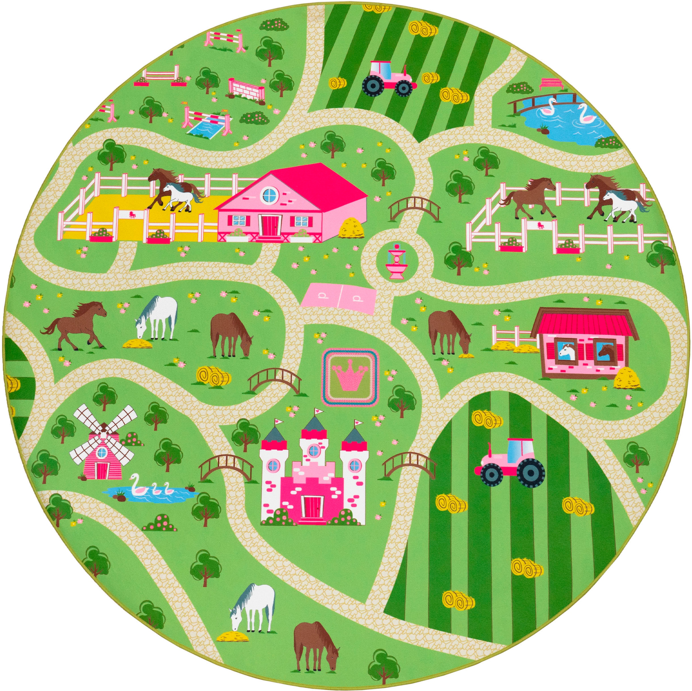 Paco Home Kinderteppich »Bino 560« rund 4 mm Höhe Kurzflor, Strassen-Spiel-Teppich, Motiv Bauernhof, Kinderzimmer