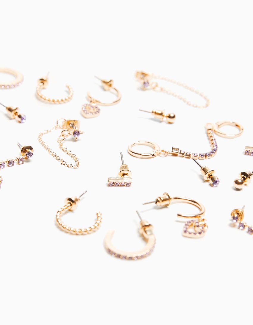 Conjunto de 9 brincos de argola com strass