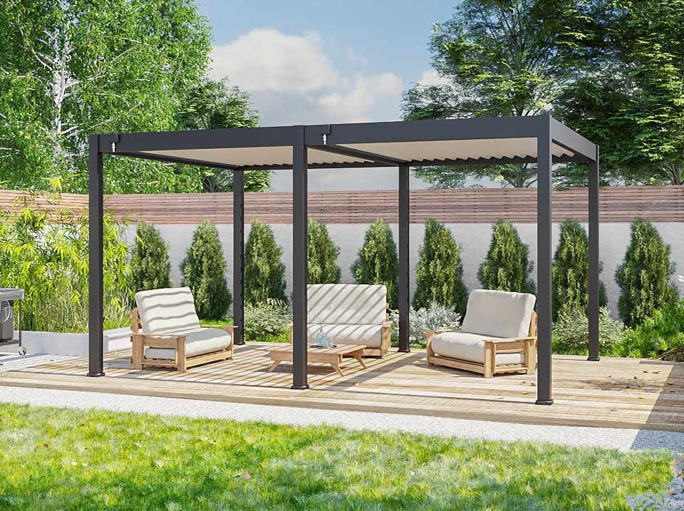 Pergola bioclimatique 3,6x5,3m - eclipse 19m² - gris - autoportee - lames en acier galvanisé - orientables de 0 à 120°