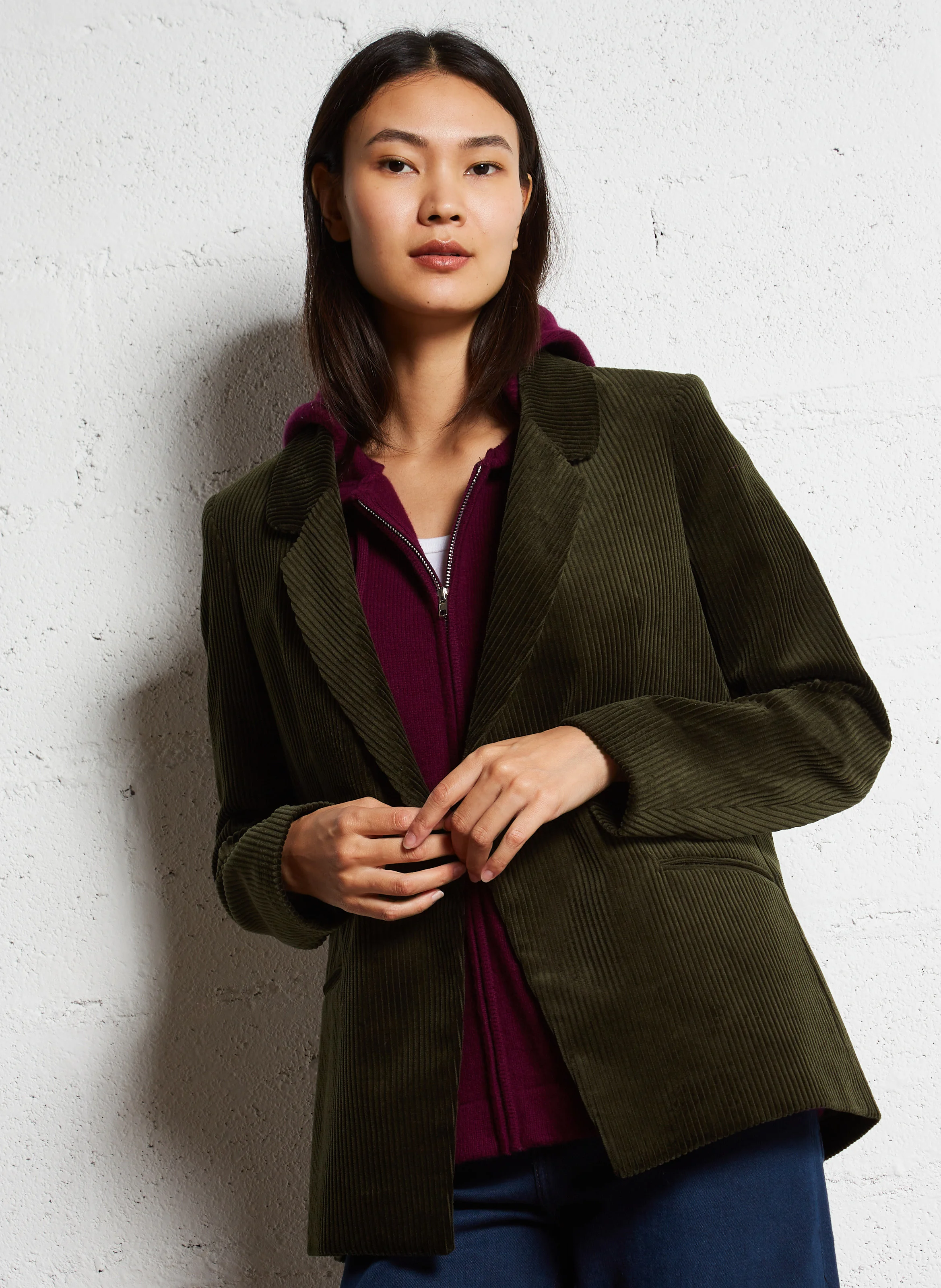 VIGG - Veste de tailleur droite en coton velours | Kaki