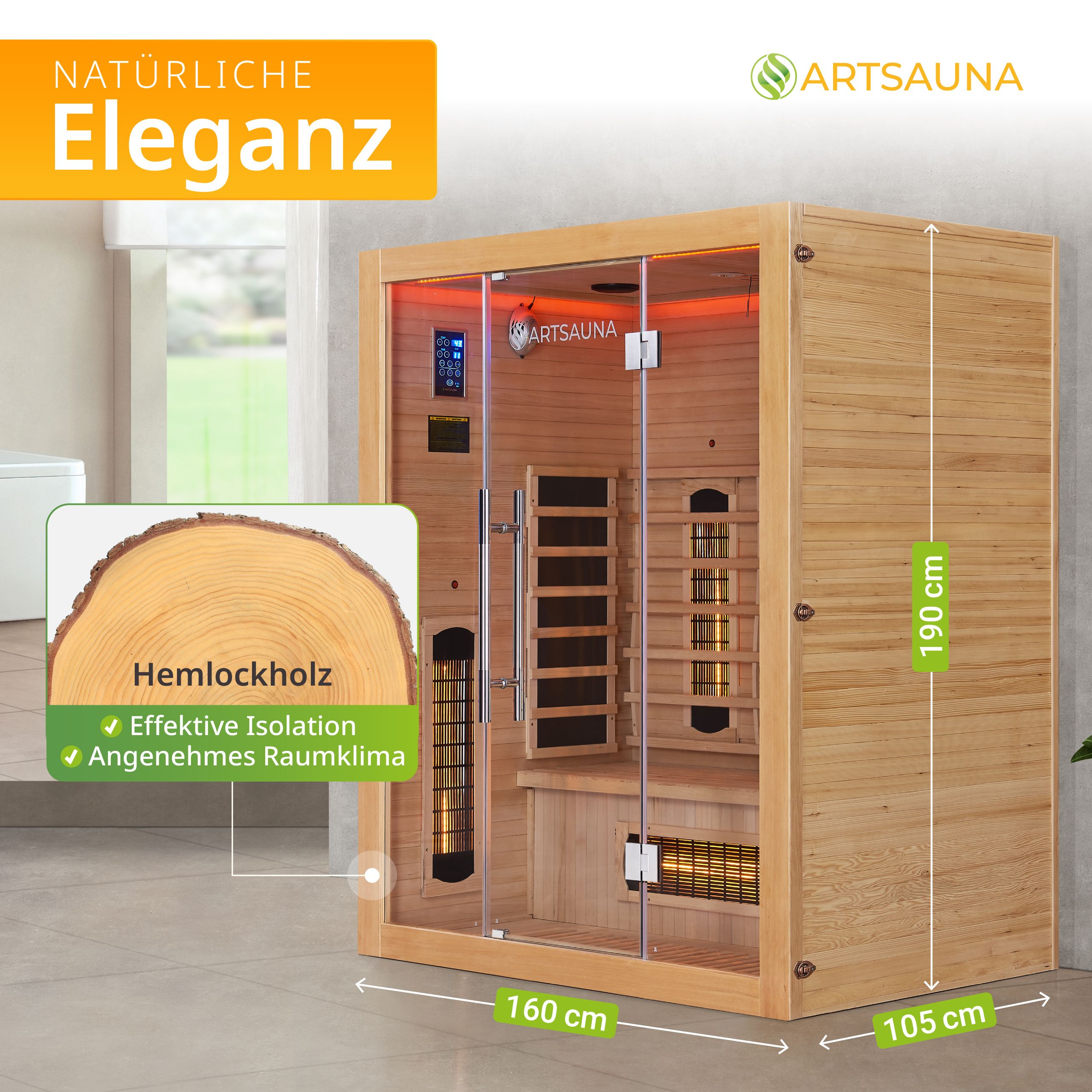 Artsauna Infrarotkabine Kiruna160 Dual Technologie – 6 Vollspektrumstrahler & 3 Flächenstrahler