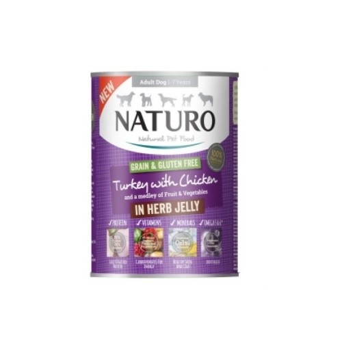 Alimento úmido natural Naturo em lata, sabor peru e frango, para cães.