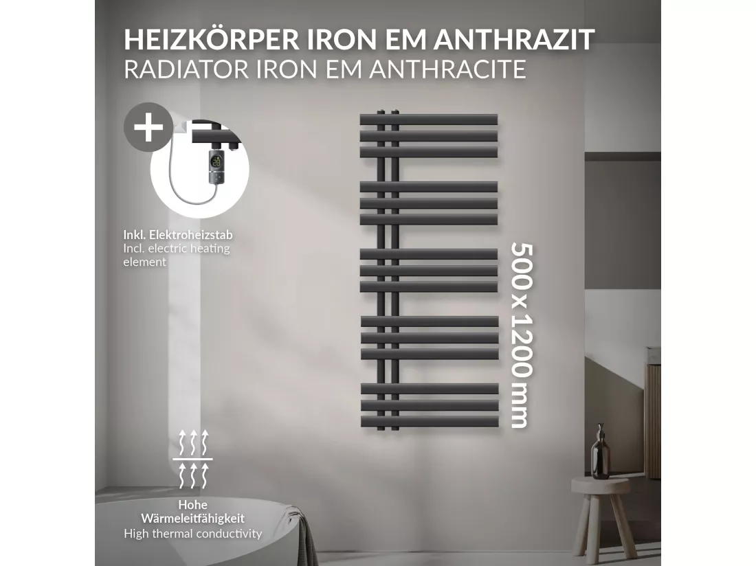 Radiateur sèche-serviettes en acier anthracite 50x120cm élément chauffant 900W