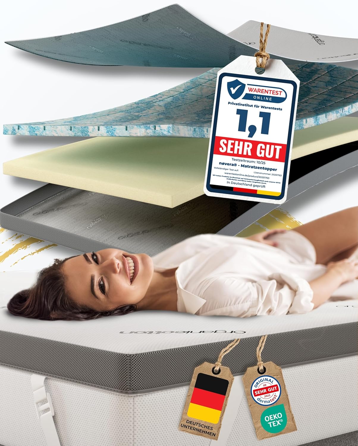 Premium Gel Topper 180x200cm | Hohes RG 50 & H2/H3 | wolkenweicher 7-Zonen Matratzentopper 180x200cm | Oberstoff aus 100% Bio-Baumwolle | 7cm Matratzen Topper 180x200 | Luxus Matratzenauflage