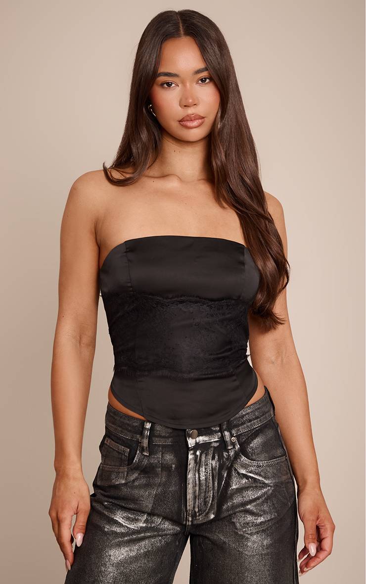 Noir Top Corset Bandeau En Satin Et Dentelle