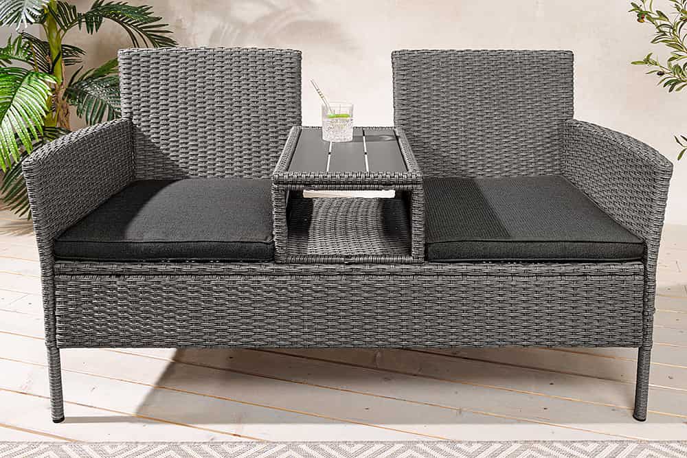 Moderne Gartenbank PORTOFINO 140cm grau Polyrattan Outdoor Sitzbank mit Tisch wetterfest