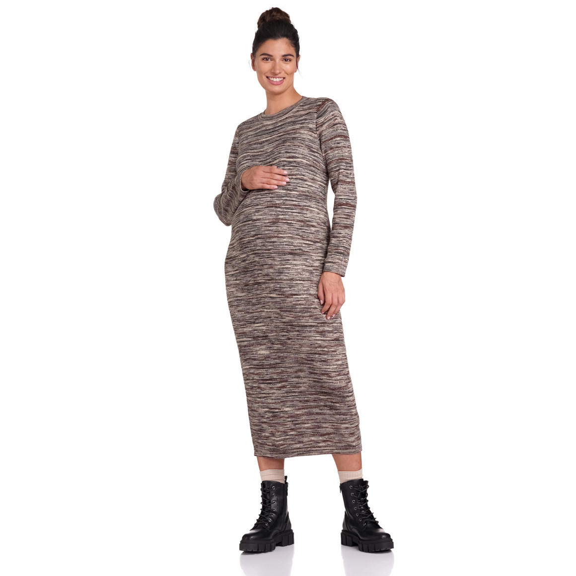 Gina Mama Damen Umstands-Strickkleid in Melange-Optik creme / braun / grau