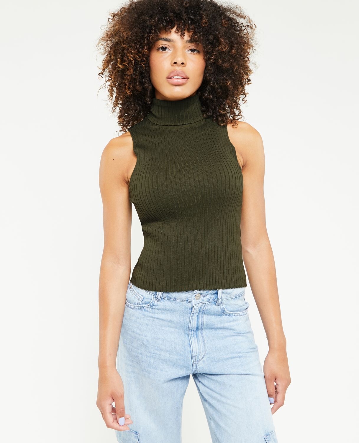 Top col roulé sans manches - Vert kaki