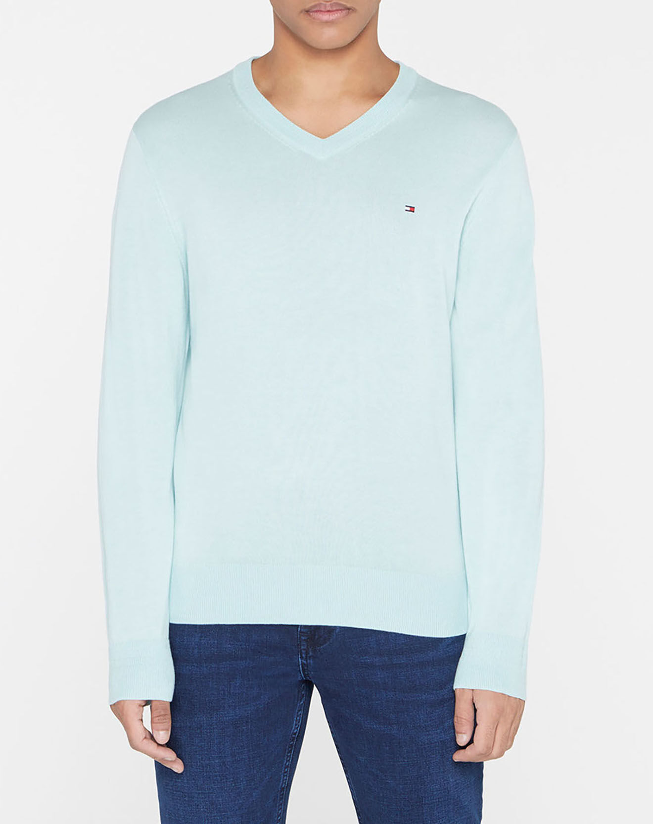 Tommy Hilfiger Pull col V en Coton Bio & Soie céladon