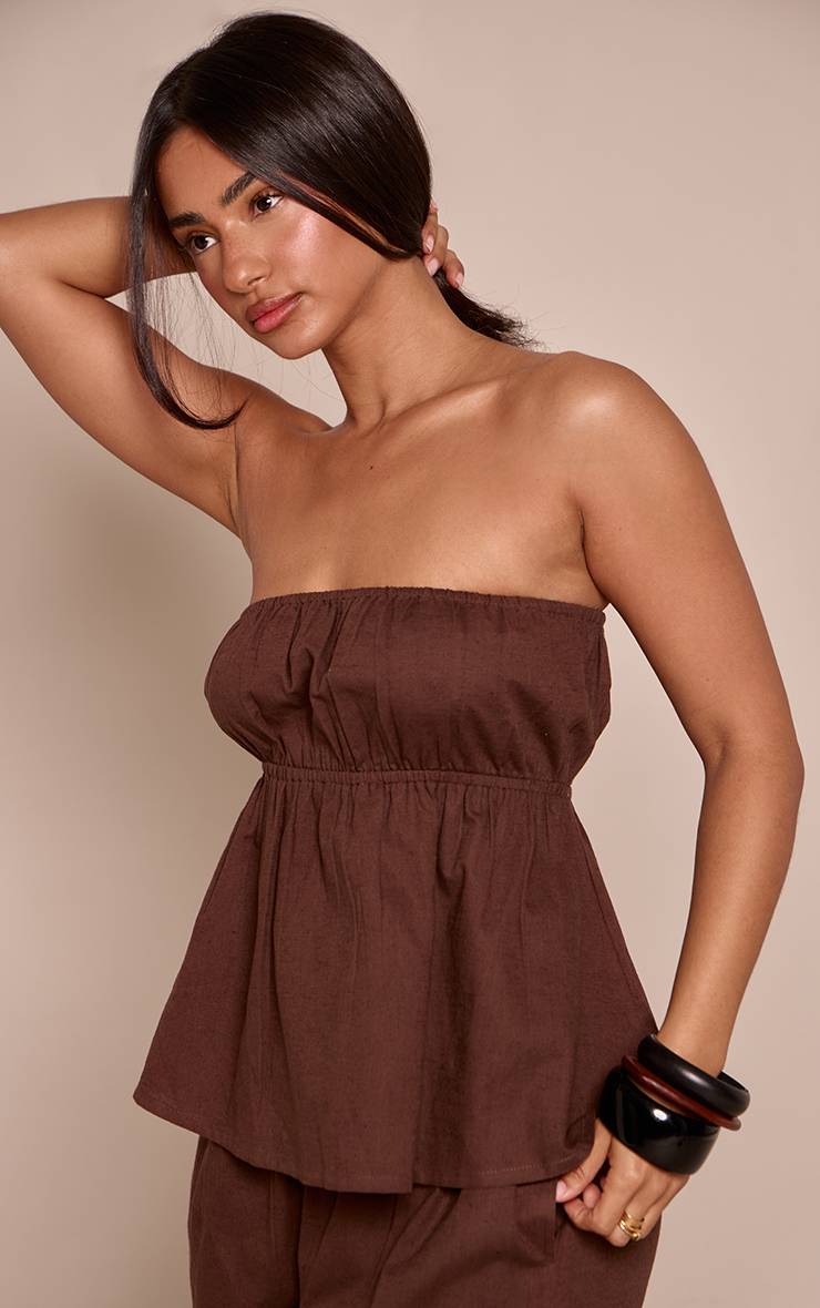 Chocolat Top Bandeau Péplum Aspect Lin Petite - Ensemble Coordonné
