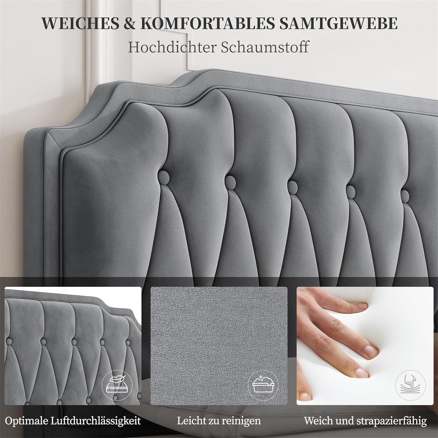Yaheetech Polsterbett Doppelbett 160 x 200 cm Stoffbett Bettgestell Gepolstertes Bett mit höhenverstellbarem Kopfteil Bettrahmen mit Lattenrost, Hellgrau