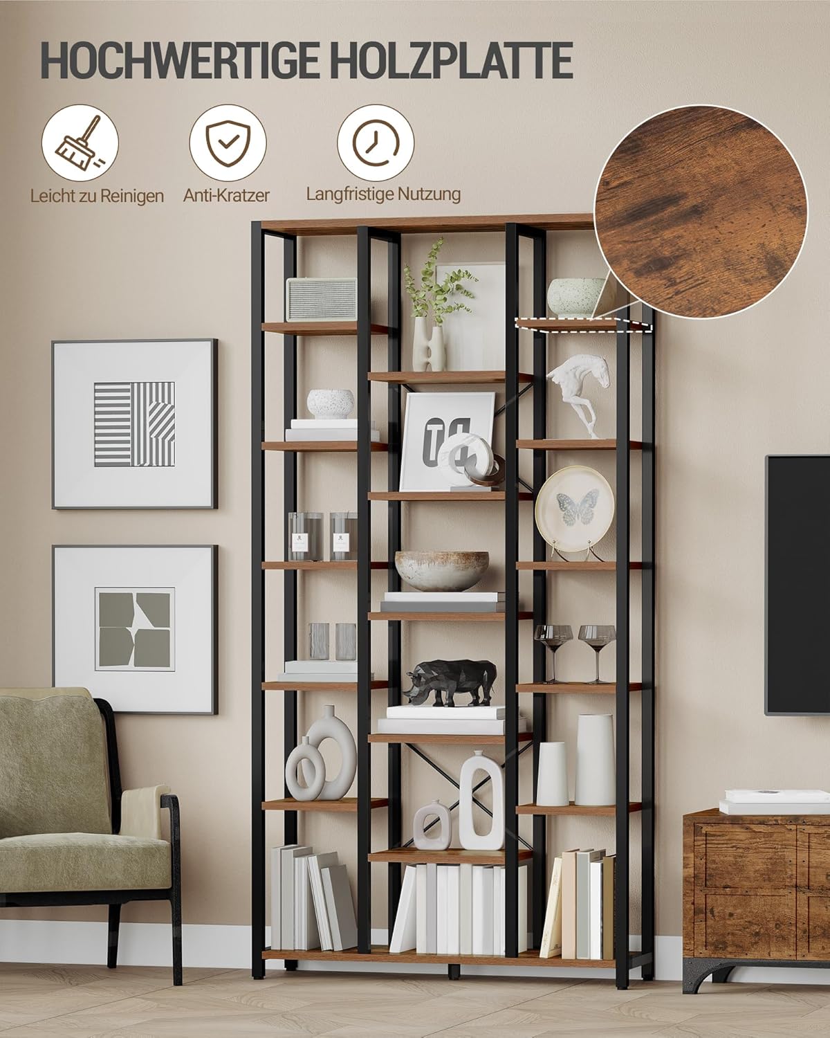 Hzuaneri Bücherregal, Standregal mit 7 Ebenen 18 Ablagen, Verstellbare offene Ablagen, für Wohnzimmer, Büro, Schlafzimmer, 30 x 100 x 202 cm, Vintagebraun-Schwarz, BC15601B HK1496340