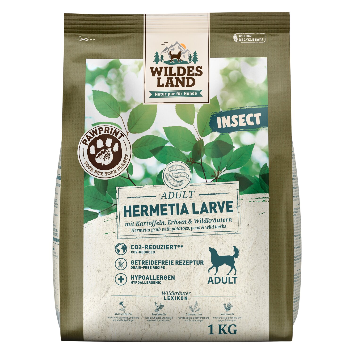 WILDES LAND Trockenfutter PawPrint Insect Adult - 1 kg - Hermetia Larve