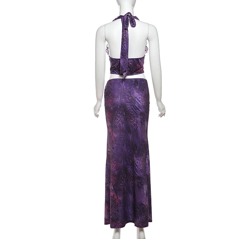 Weaveal - Halter Diep Decolleté Patroon Print Uitsnijding Spleet Paneel Kant Maxi Schede Jurk