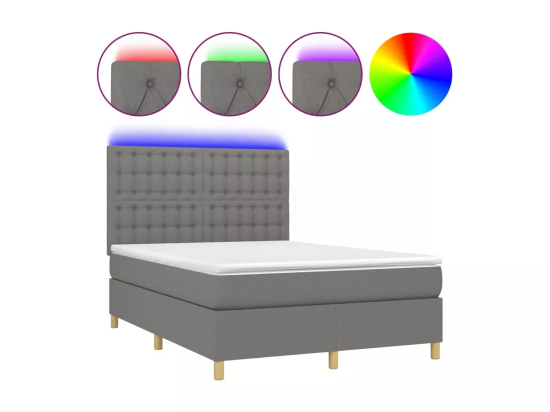 Sommier tapissier et matelas et LED Gris foncé 140x190 cm Tissu