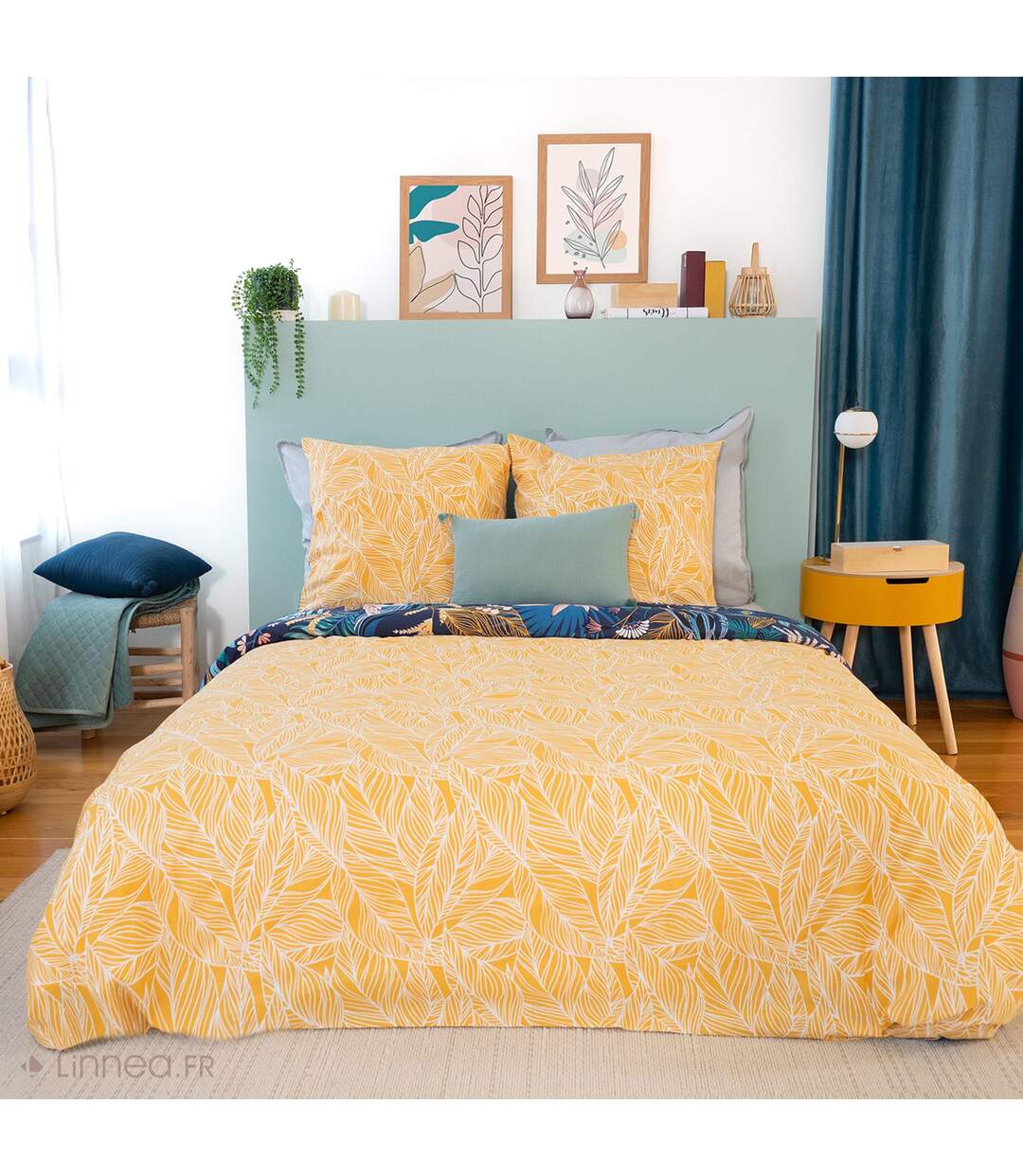 Parure de lit 260x240 cm coton bci adouci AGLAE bleu 3 pièces