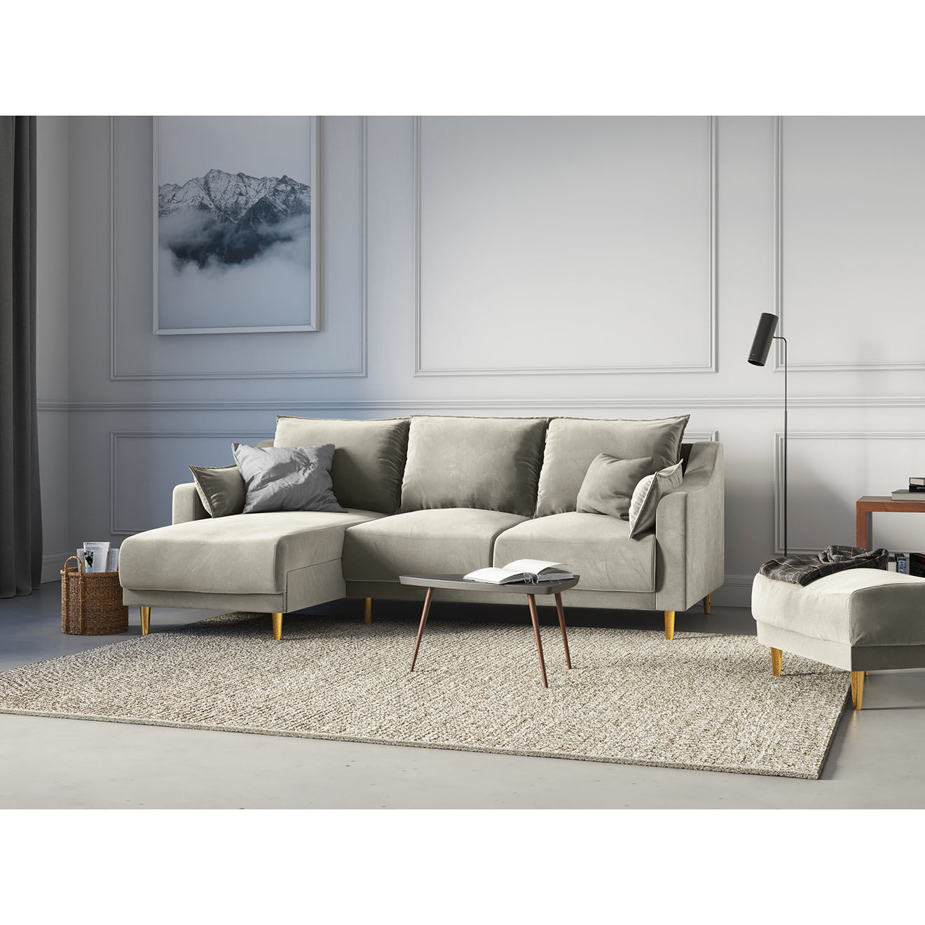 Mazzini Sofas Canapé d'angle droit Réversible Convertible & Coffre Freesia en Velours 4 Places beige - 220x150x90 cm