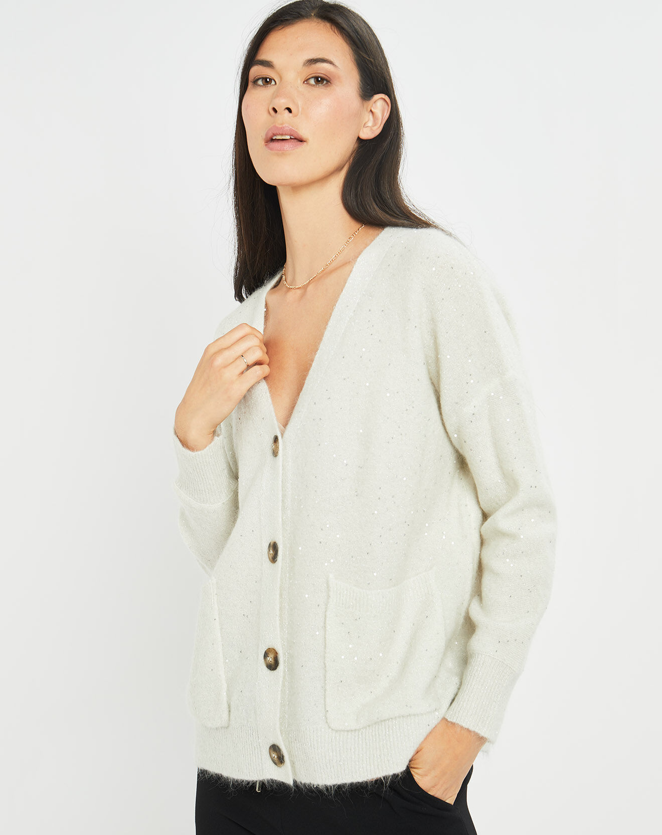 Lauren Vidal Cardigan en Laine & Mohair mélangés Basal à sequins blanc perle
