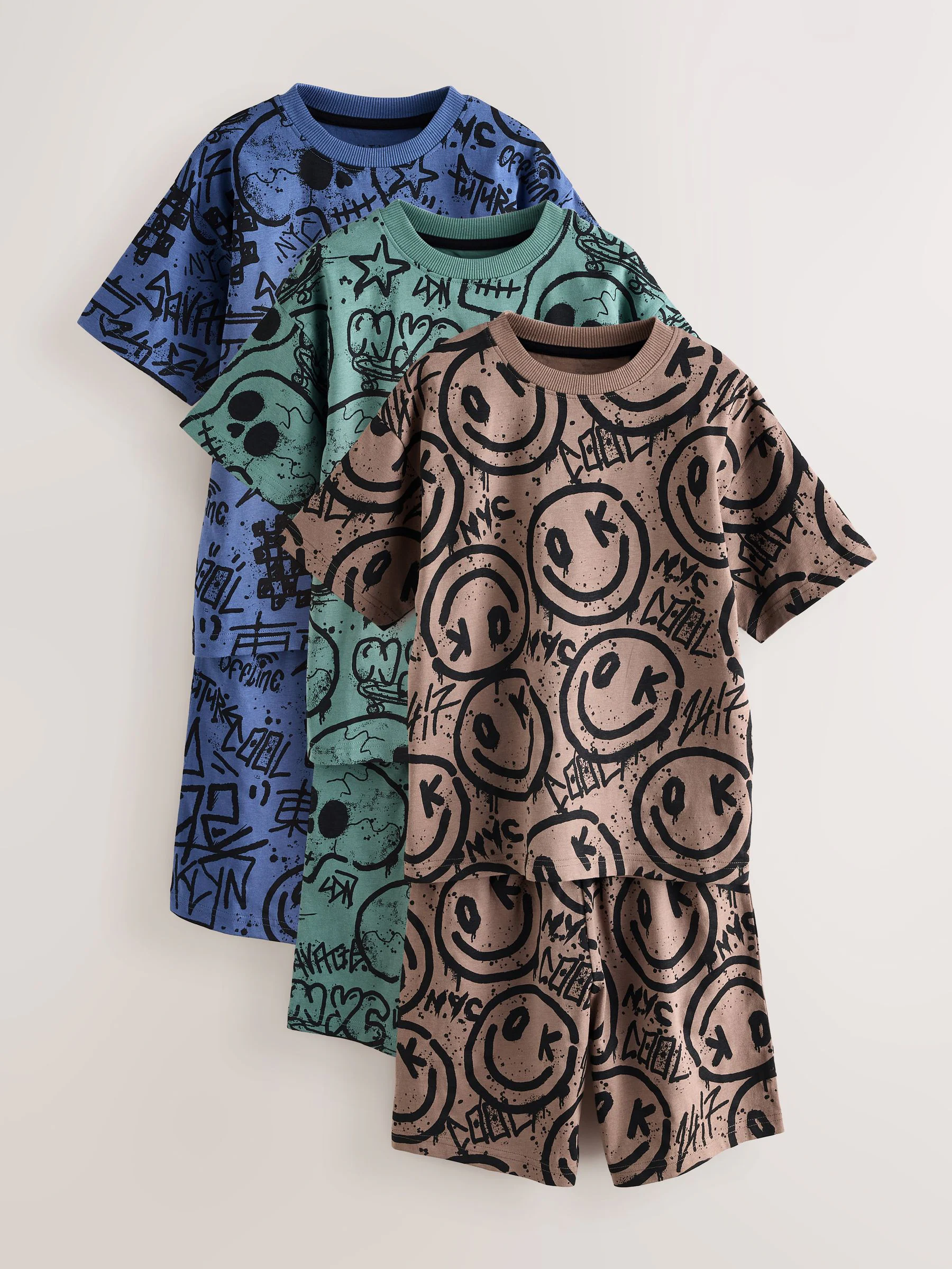 Meerkleurig graffiti - 100% katoenen korte pyjama set van 3 (4 - 16 jr)