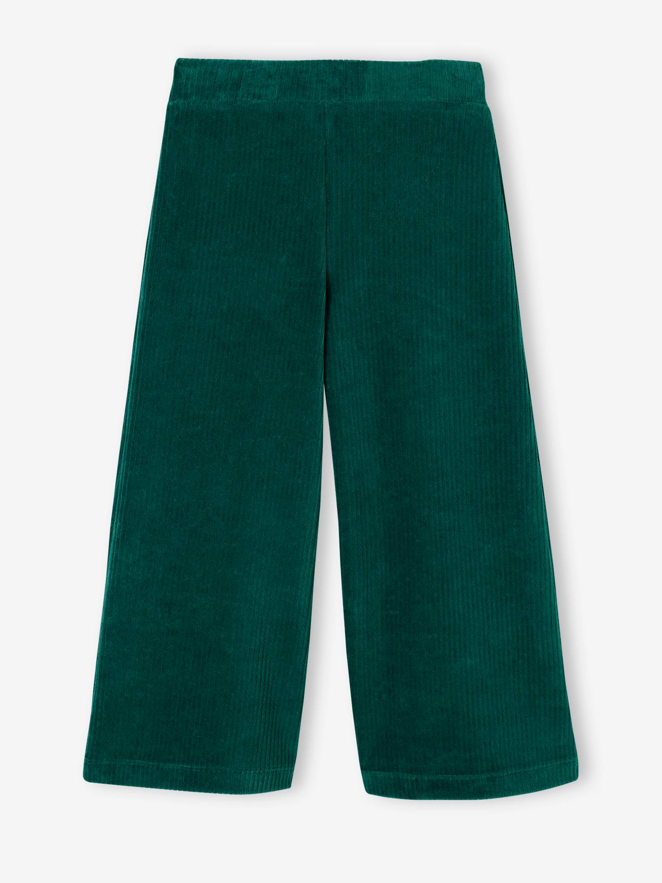 Calças de veludo cotelê de pernas largas, cor marrom médio lisa, para meninas.
