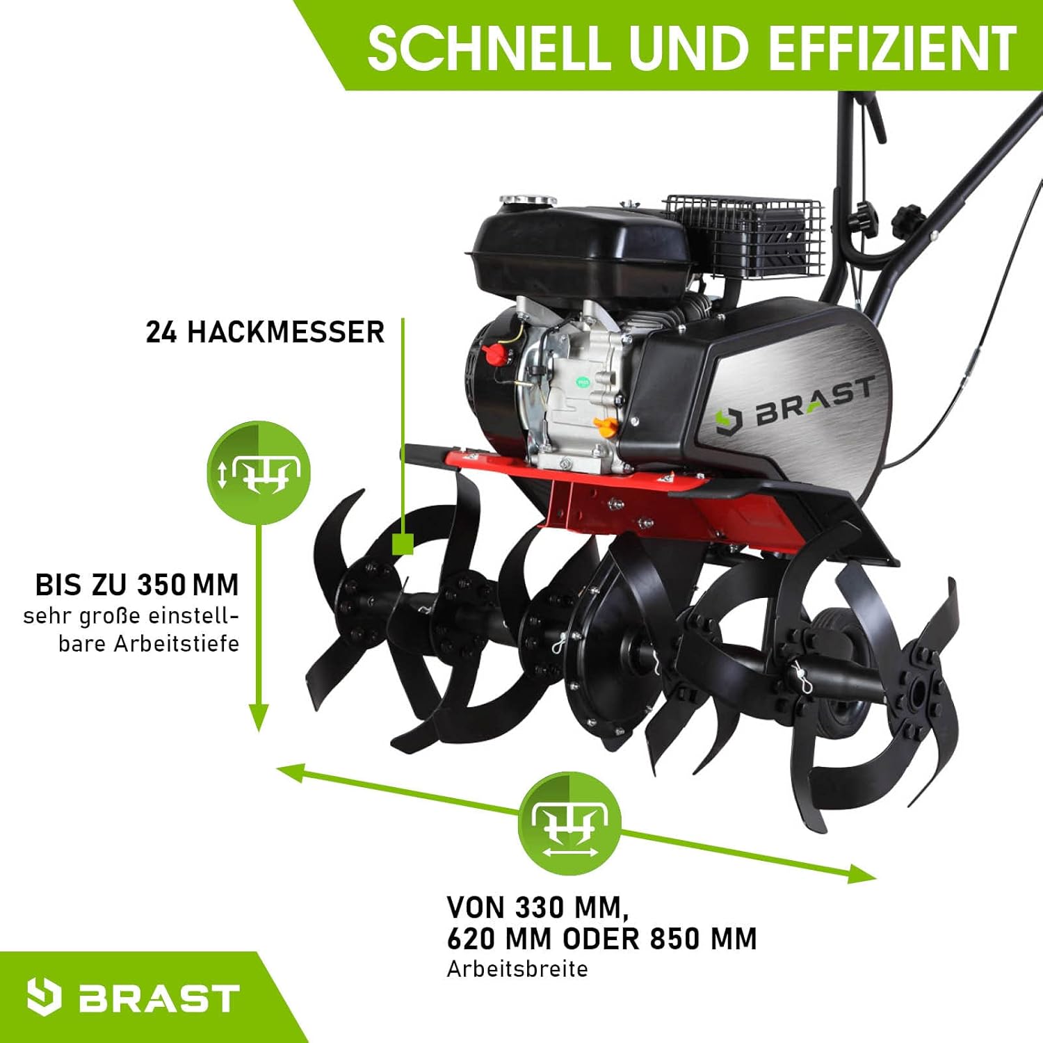 BRAST Motorhacke Gartenfräse Benzin | 1,9kW(2,6PS)-5,15kW(7PS) | 25-85cm Arbeitsbreite | 6 Modelle | Stahlrahmen Transportrad & kabellos | für kleine bis sehr große Grundstücke | BRB-AF-6000