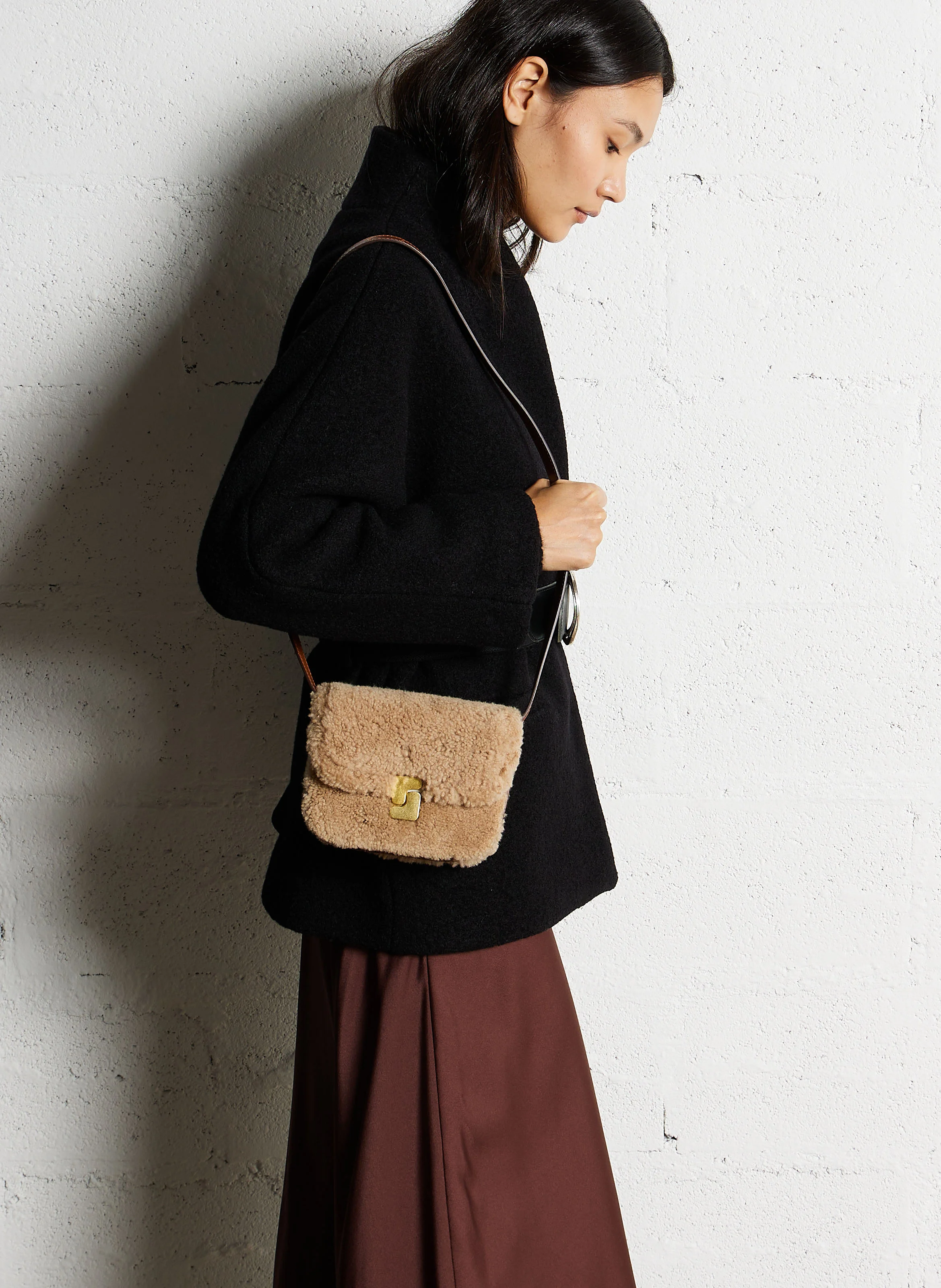 BELL VERY MINI - Mini sac bi-matière cuir et shearling| Marron