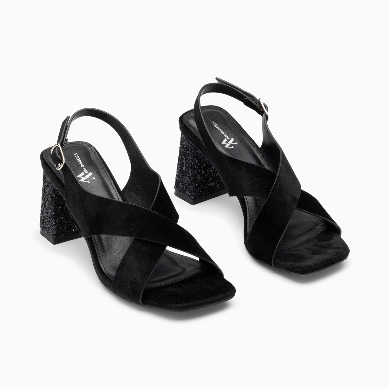 Sandales à talon, Compensées-Sandales Milan noires à brides croisées et talon noir pailleté