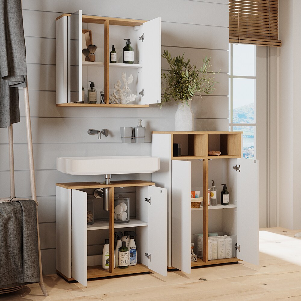 Vicco Badmöbel-Set Didi Weiß Eiche 3 Teile Midischrank mit 2 Türen