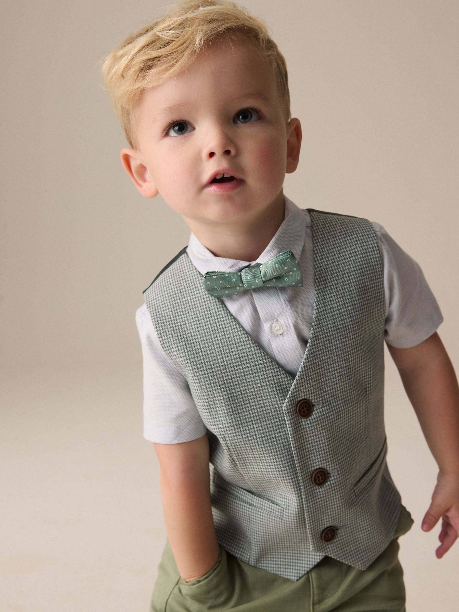 Sage Green Puppytooth - Set van gilet, hemd en vlinderdas (3mnd -9jr)