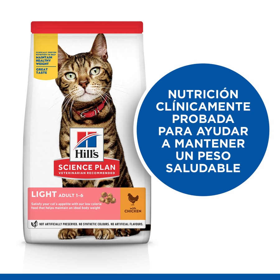 Ração Hill's Science Plan Light Adult com sabor de frango para gatos.