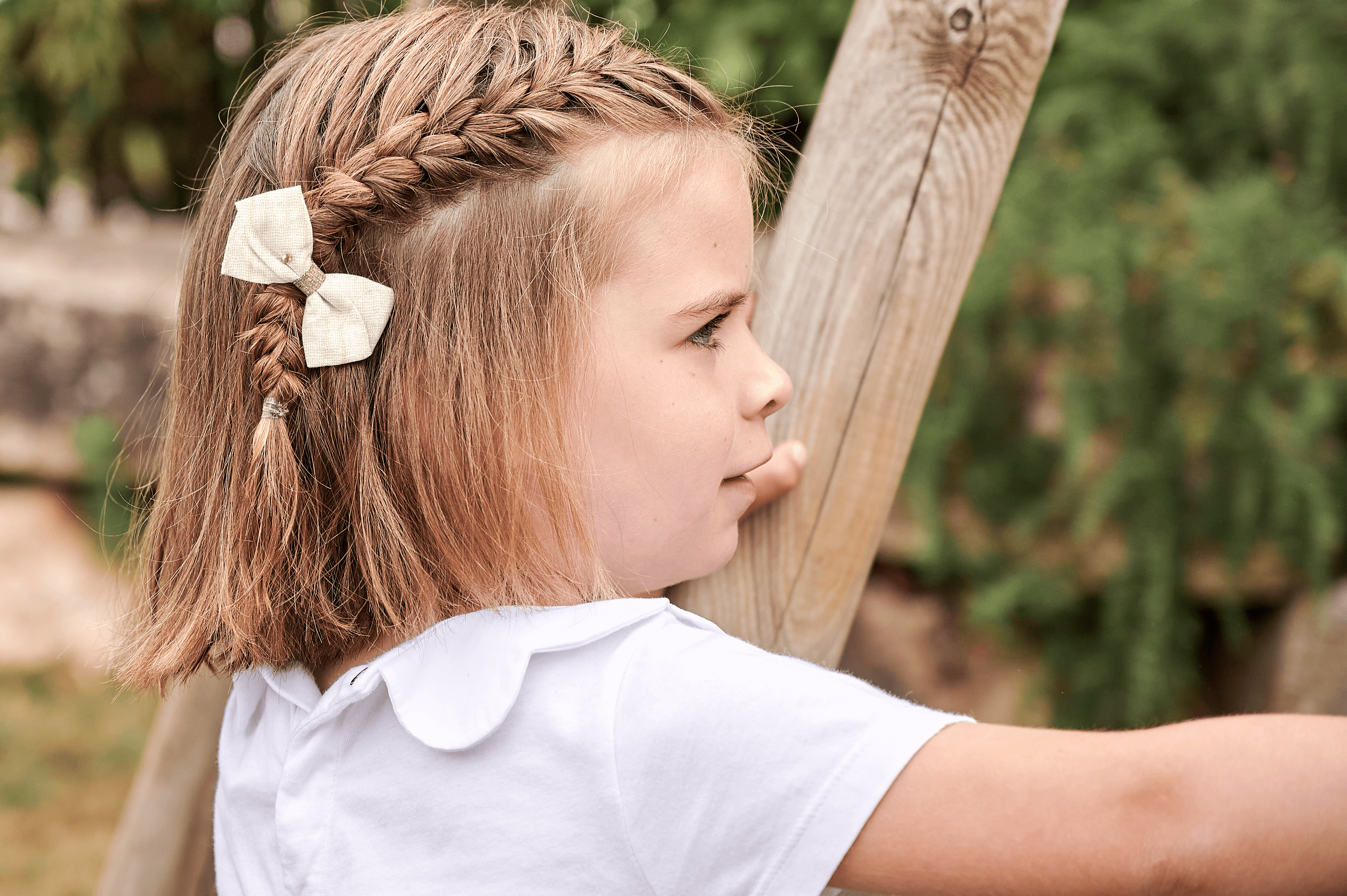 Petite Barrette Double Noeud Croisé Gaze Pois Or Écru