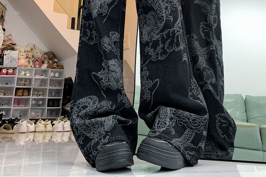 Porstina - Mid Waist Dragon Print Washed Wide Leg Jeans