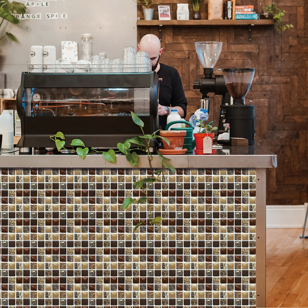 (10er Set) 10x10cm Mosaik Sticker Selbstklebende Deko Kacheln für Küche / Badezimmer - Braun