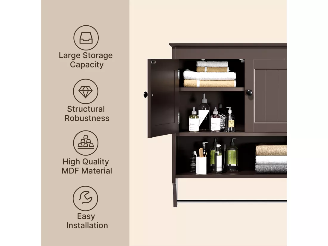 Bealife Meuble de Salle de Bain Mural Marron Foncé avec Étagère à Serviettes