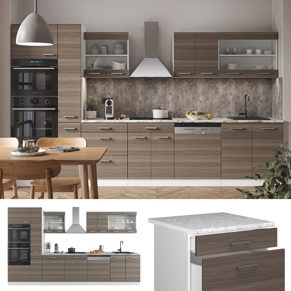 Vicco Küchenzeile Küchenblock Einbauküche R-Line 350 cm Weiß Edelgrau Arbeitsplatte