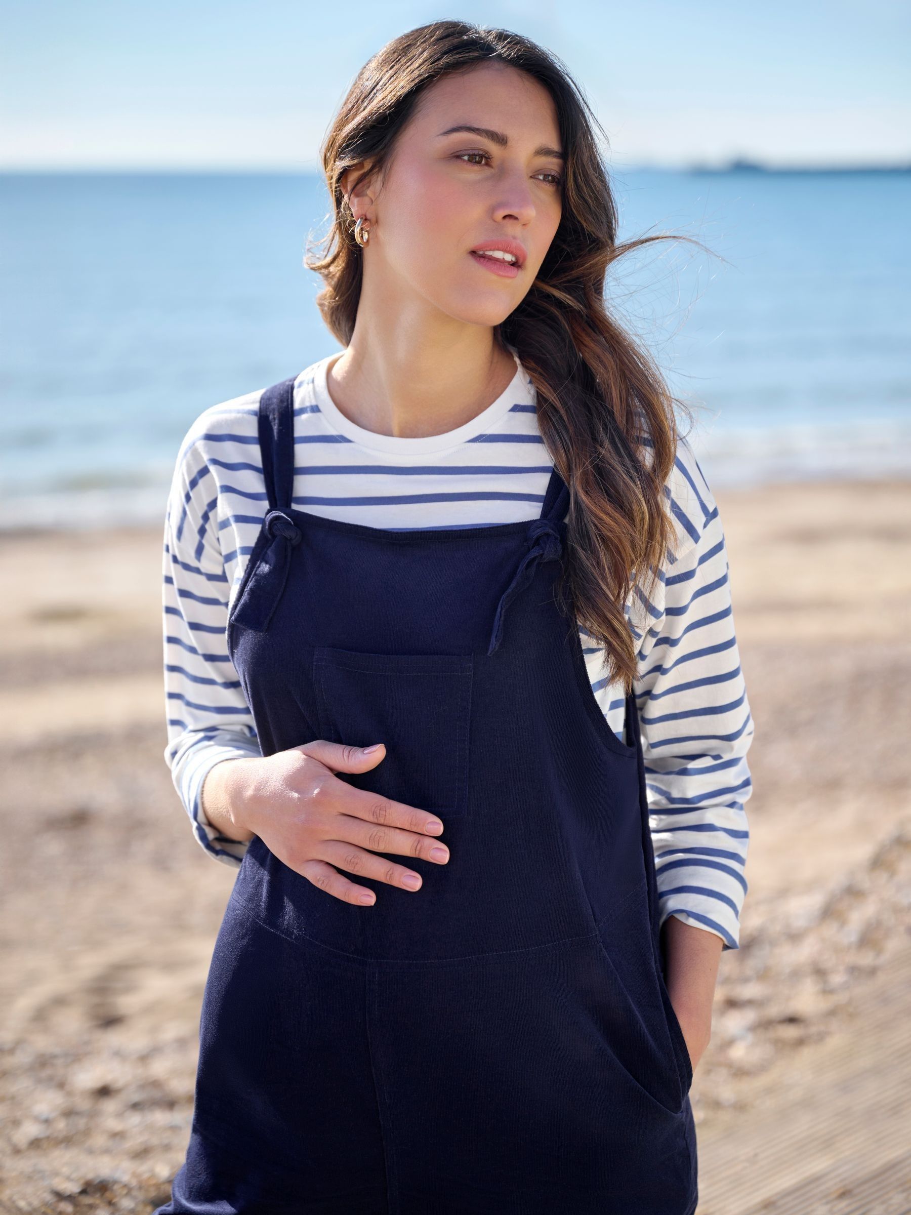 Blauw en crème - JoJo Maman Bébé Stripe Long Sleeve Boyfriend Maternity T-Shirt