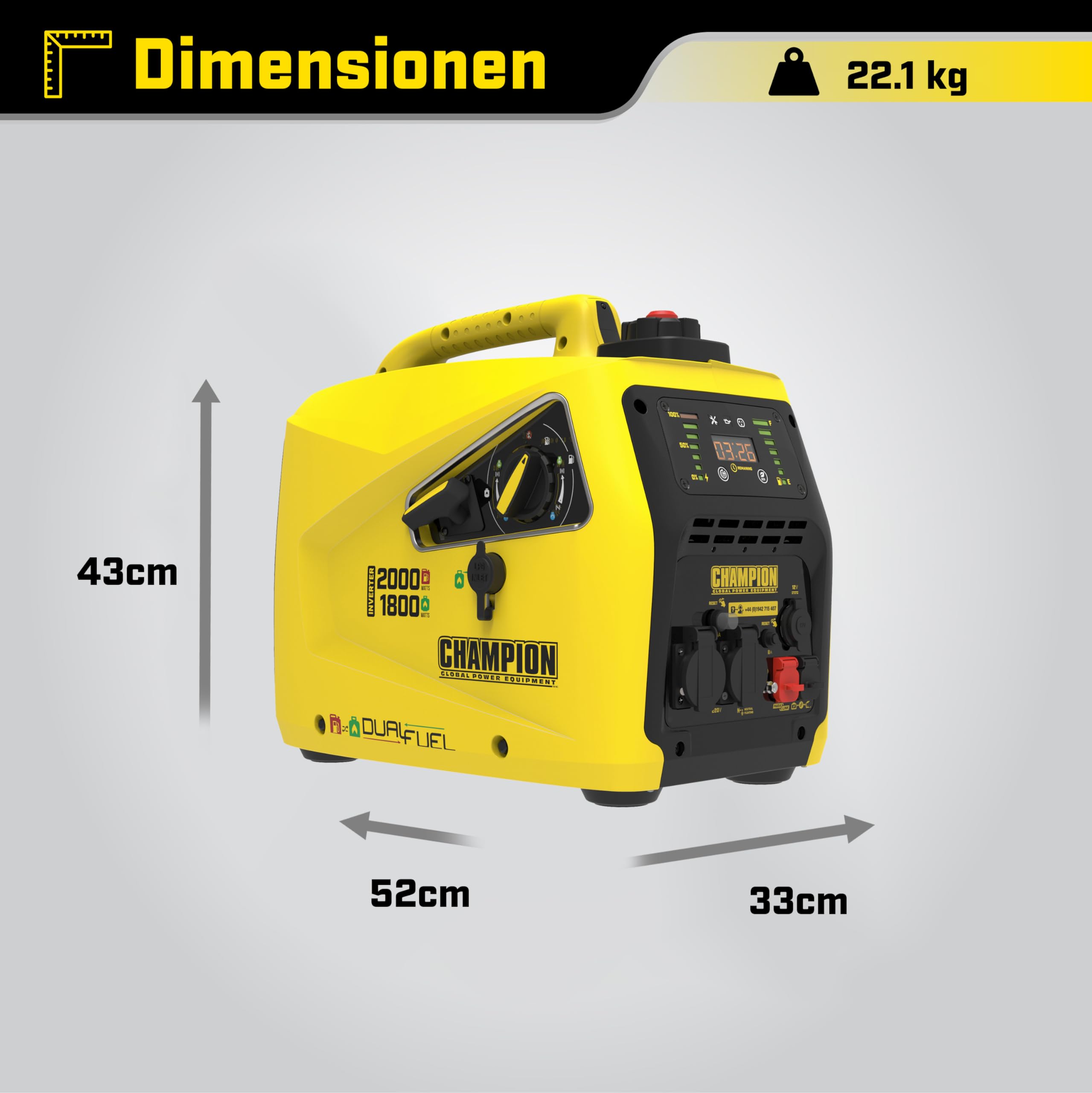 Champion Power Equipment Petrol + Gas Power Generator (2000 Watt, Power Inverter, Generator with LED Display, Dual Fuel, Extremely Quiet) 8200i-E-DF-EU, Yellow