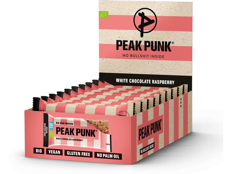 PEAK PUNK Bio Oat Protein – White Chocolate Raspberry 12 x Biologisch zertifizierter Riegel mit Himbeer- und Cashew-Geschmack