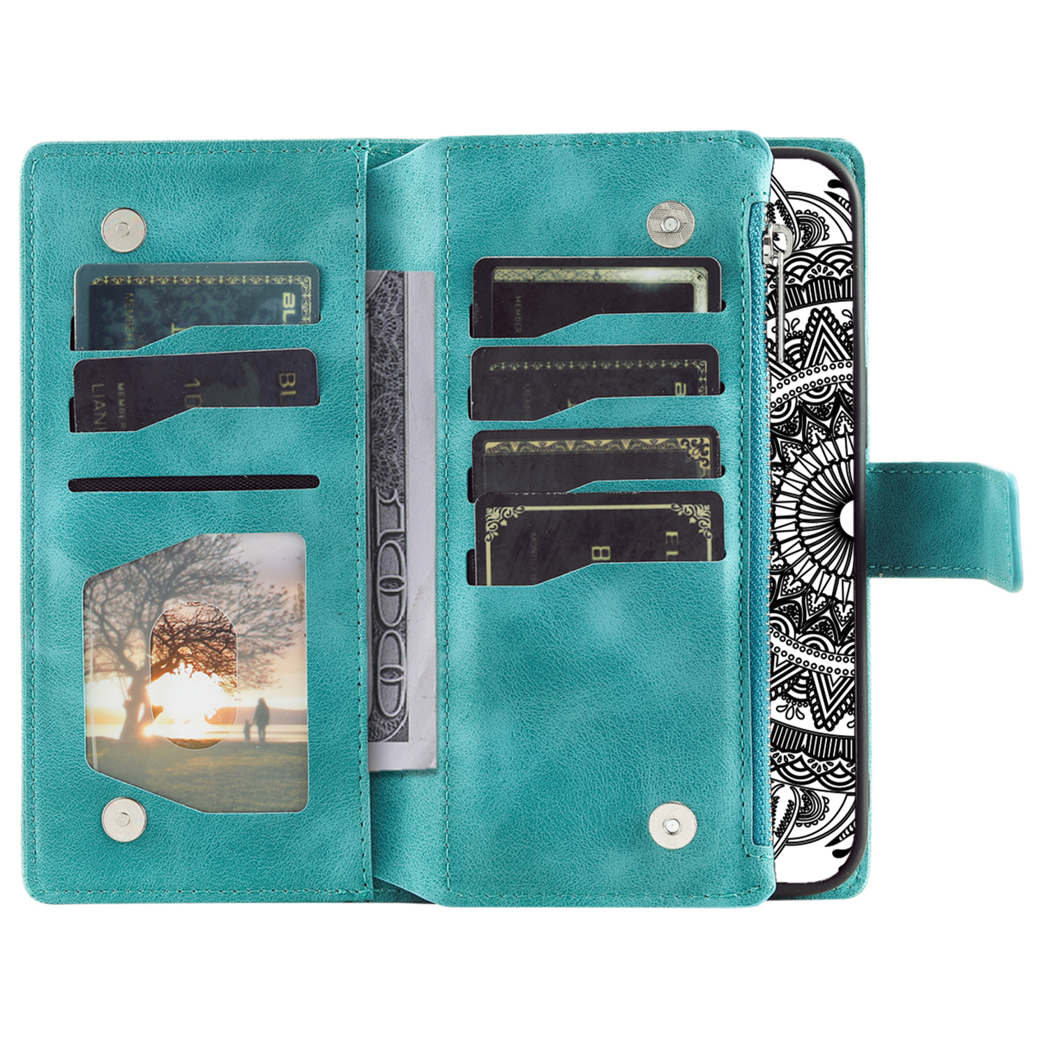 Samsung Galaxy S24 FE Leder Tasche Flip Cover mit Reissverschluss - Mandala Flowers Imprint - Türkis