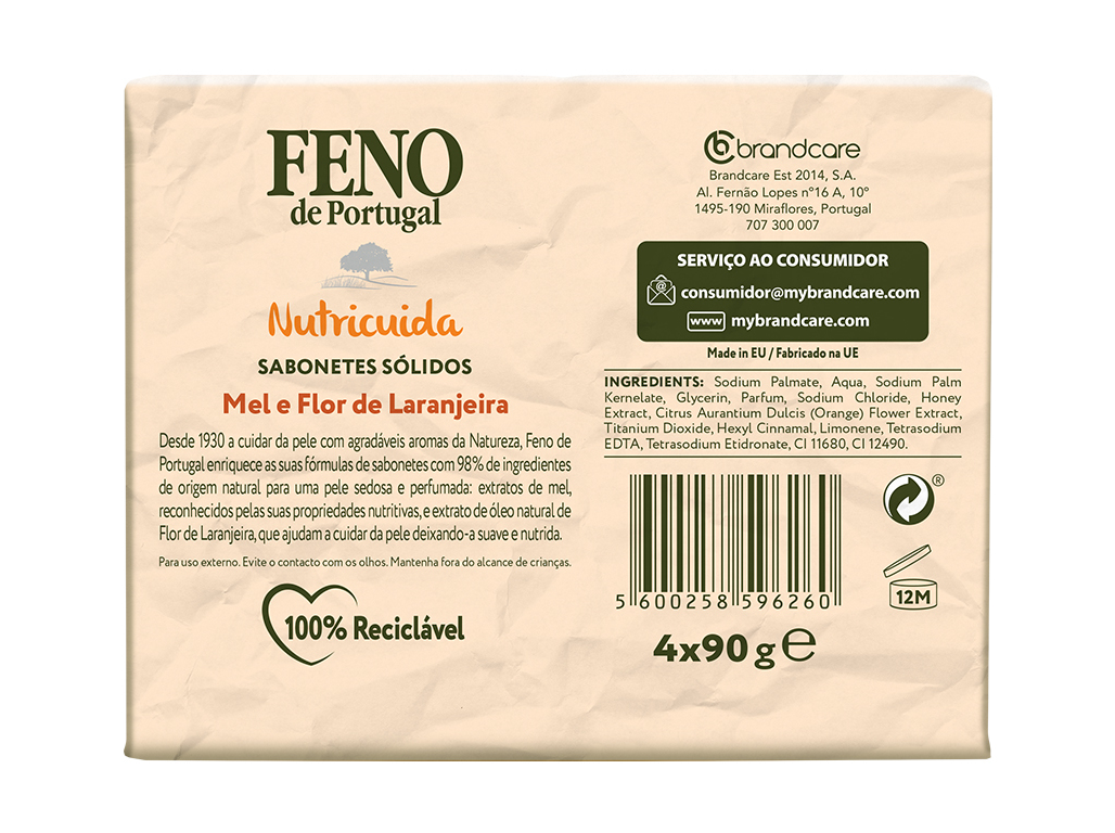 SABONETE SÓLIDO NUTRICUIDA MEL E FLOR DE LARANJEIRA FENO DE PORTUGAL 4X90 G