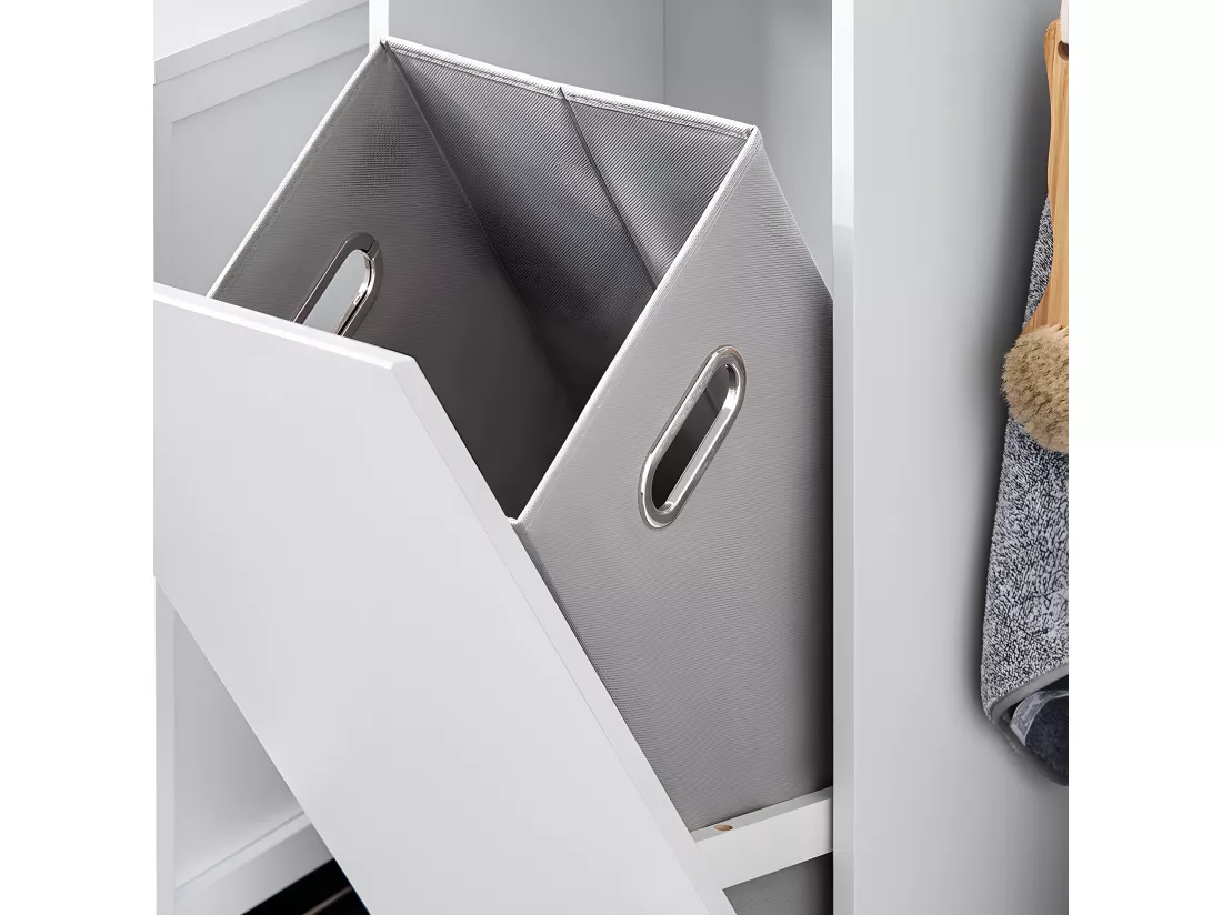 SoBuy Armoire à Linge Meuble Bas de Salle de Bain Corbeille à Linge Meuble de Rangement avec 4 Petits Compartiments Ouverts et 1 Panier à Linge Amovible, Blanc, 35x30x90 cm, BZR159-W
