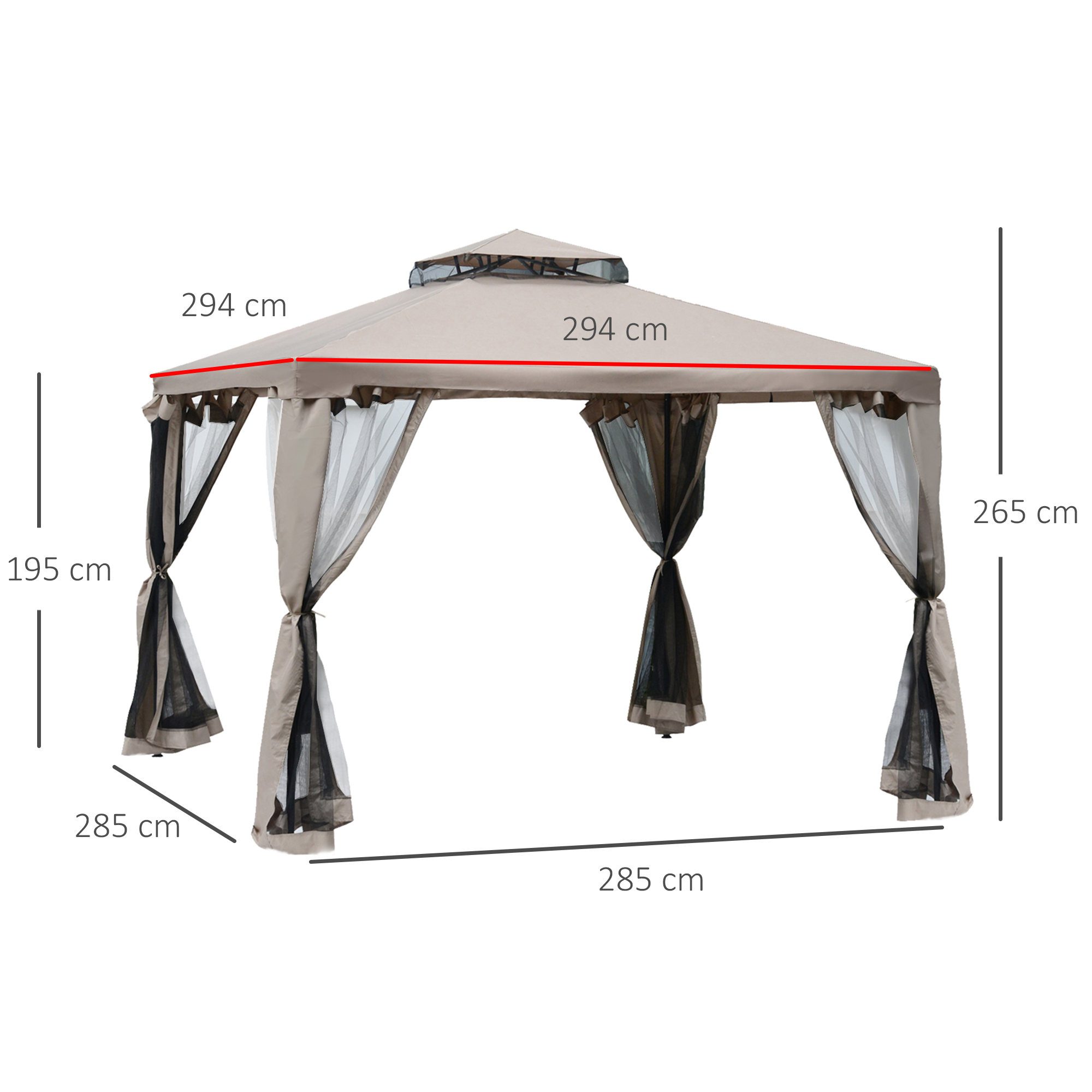 Gazebo de jardim Outsunny 3x3m, pavilhão externo com teto ventilado duplo, cortinas mosquiteiras com zíper em 4 lados, 8 orifícios de drenagem, gazebo para festas e pátio, marrom.