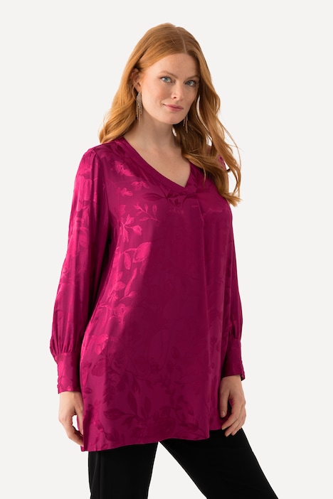 Bluse, florales Jacquardmuster, V-Ausschnitt, Langarm