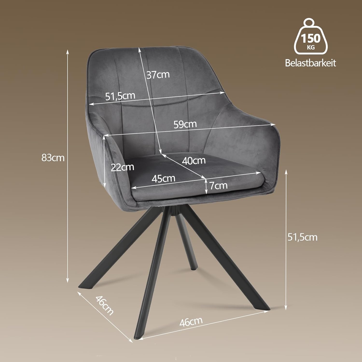 Esszimmerstühle drehbar 6er Set Grau Armlehnenstuhl Polsterstuhl drehstuhl Esszimmer drehstühle aus Samt Küchenstuhl mit Metallbeine für Wohnzimmer Esszimmer