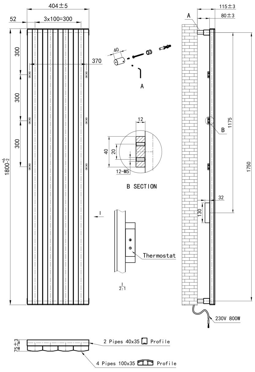 Eastbrook Derwent elektrische paneelradiator 40x180cm 800W antraciet