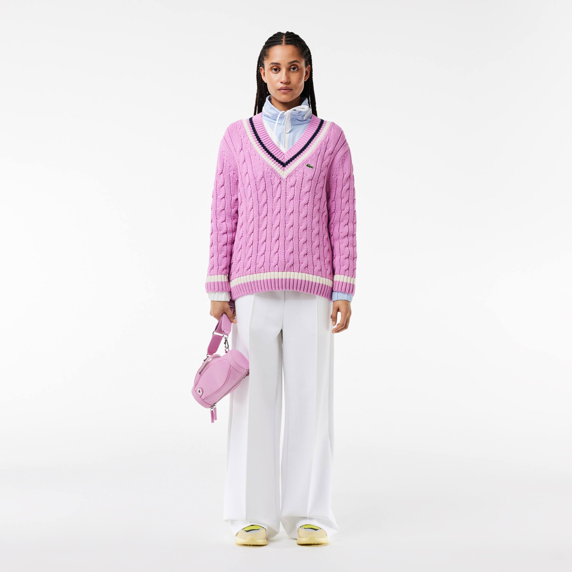 Pullover mit V-Ausschnitt im Zopfmuster mit Kontrast-Akzenten Pullover - Rosa - Lacoste - Damen