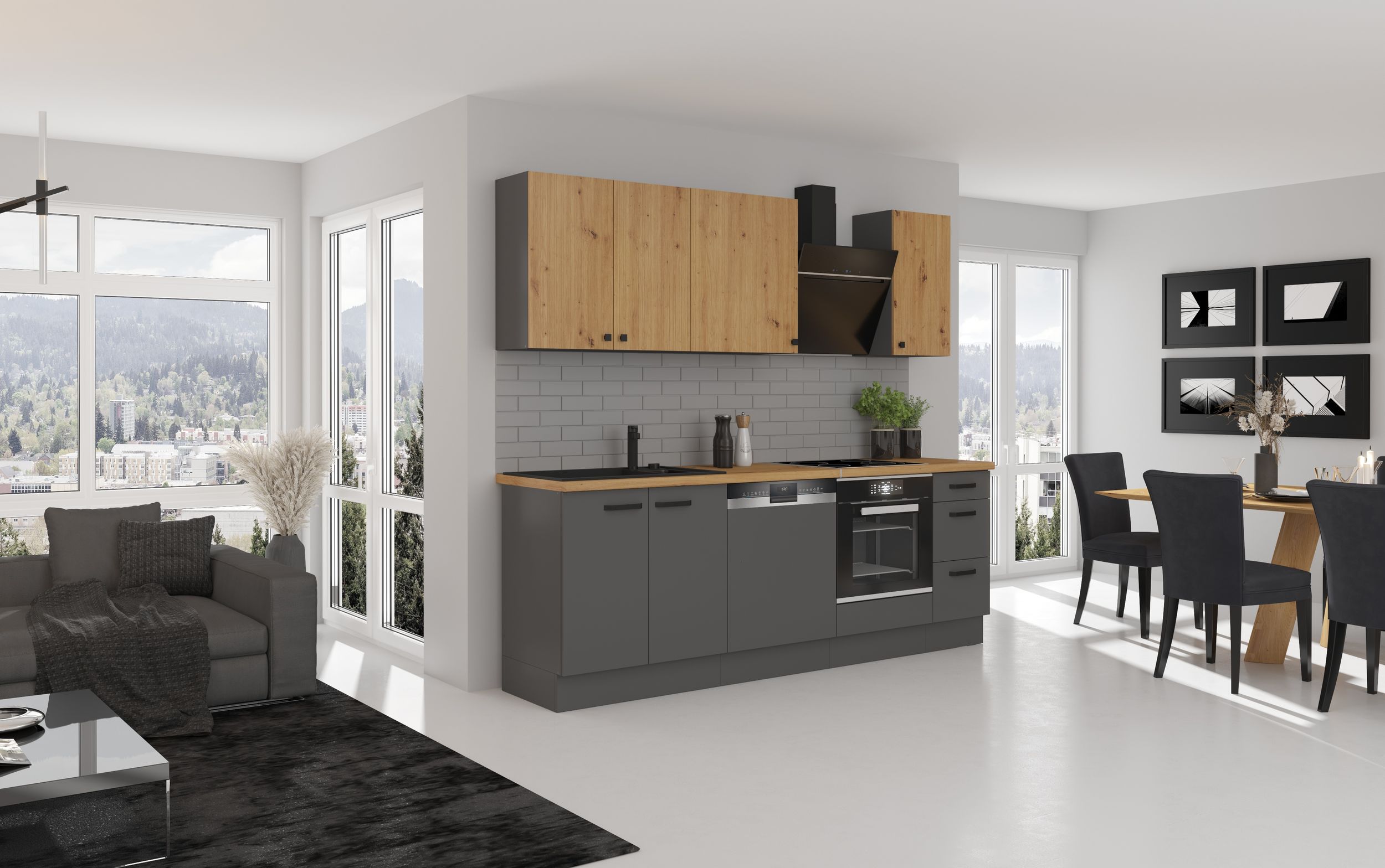 Küche NESSA & AVA Basic 240 cm Anthrazit Eiche Artisan Küchenzeile Küchenblock