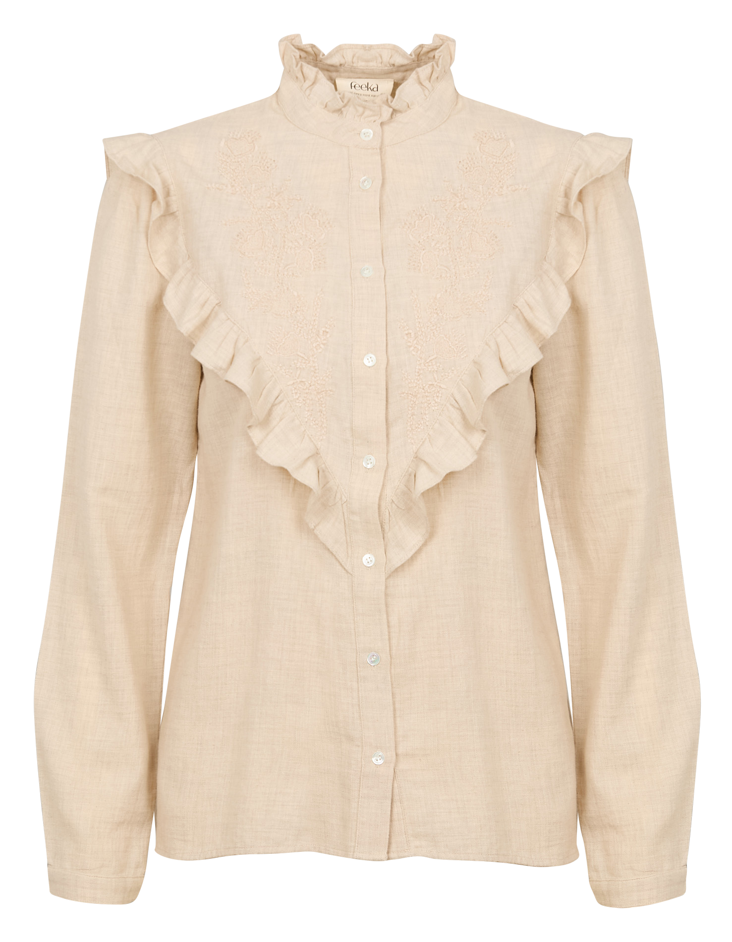 NOELINE - Blouse col montant volanté en coton mélangé | Beige