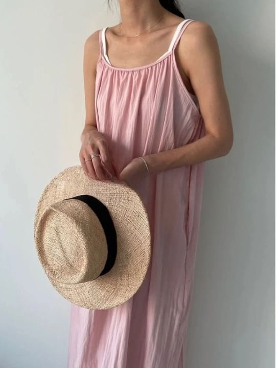 Seoulchic - Spaghettibandjes Effen Gerimpelde Losse Maxi-jurk