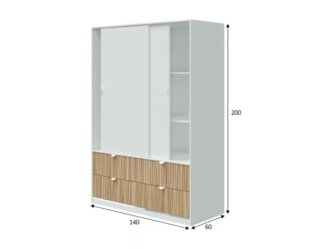 Garde-robe 2 portes Dzedadk, Meubles de chambre, Penderie de plain-pied, Placard à vêtements, 140x60 h200 cm, Blanc et Chêne clair